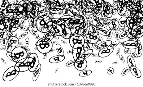 Bitcoin Icon Abstract Background. Randomly Fall Bitcoins. Cryptocurrency Background. Digital Payment money.  Jackpot or Prize Concept.
 Blockchain technology Coin. Black and White Vector Illustration.