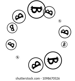 Bitcoin Icon Abstract Background. Randomly Fall Bitcoins. Digital Payment money. Cryptocurrency Background. Jackpot or Prize Concept.
 Black and White Vector Illustration. Blockchain technology Coin.