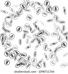 Bitcoin Icon Abstract Background. Randomly Fall Bitcoins. Digital Payment money. Cryptocurrency Background. Jackpot or Prize Concept.
 Blockchain technology Coin. Black and White Vector Illustration.
