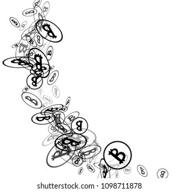 Bitcoin Icon Abstract Background. Randomly Fall Bitcoins. Cryptocurrency Background. Digital Payment money.  Jackpot or Prize Concept.
 Black and White Vector Illustration. Blockchain technology Coin.