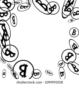 Bitcoin Icon Abstract Background. Randomly Fall Bitcoins. Cryptocurrency Background. Digital Payment money.  Jackpot or Prize Concept.
 Blockchain technology Coin. Black and White Vector Illustration.