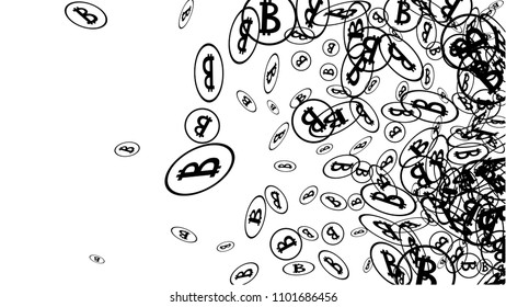 Bitcoin Icon Abstract Background. Randomly Fall Bitcoins. Digital Payment money. Cryptocurrency Background. Prize or Jackpot Concept.
 Blockchain technology Coin. Black and White Vector Illustration.