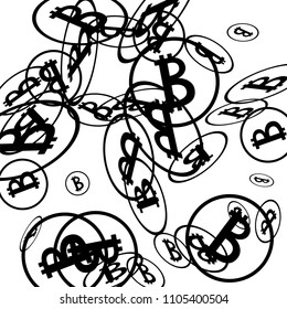 Bitcoin Icon Abstract Background. Randomly Fall Bitcoins. Digital Payment money. Cryptocurrency Background. Prize or Jackpot Concept.
 Black and White Vector Illustration. Blockchain technology Coin.