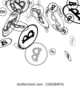 Bitcoin Icon Abstract Background. Randomly Fall Bitcoins. Digital Payment money. Cryptocurrency Background. Prize or Jackpot Concept.
 Black and White Vector Illustration. Blockchain technology Coin.