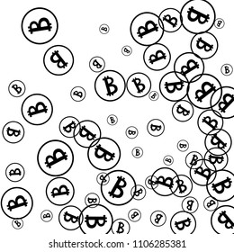 Bitcoin Icon Abstract Background. Randomly Fall Bitcoins. Digital Payment money. Cryptocurrency Background. Prize or Jackpot Concept.
 Blockchain technology Coin. Black and White Vector Illustration.
