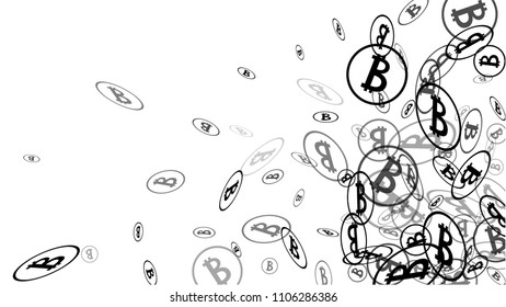 Bitcoin Icon Abstract Background. Randomly Fall Bitcoins. Digital Payment money. Cryptocurrency Background. Jackpot or Prize Concept.
 Black and White Vector Illustration. Blockchain technology Coin.