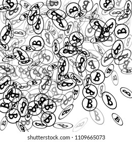 Bitcoin Icon Abstract Background. Randomly Fall Bitcoins. Digital Payment money. Cryptocurrency Background. Jackpot or Prize Concept.
 Blockchain technology Coin. Black and White Vector Illustration.