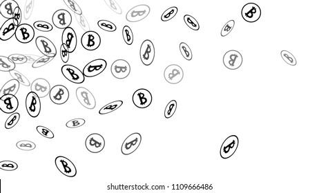 Bitcoin Icon Abstract Background. Randomly Fall Bitcoins. Digital Payment money. Cryptocurrency Background. Jackpot or Prize Concept.
 Black and White Vector Illustration. Blockchain technology Coin.