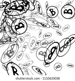 Bitcoin Icon Abstract Background. Randomly Fall Bitcoins. Cryptocurrency Background. Digital Payment money.  Prize or Jackpot Concept.
 Black and White Vector Illustration. Blockchain technology Coin.