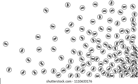 Bitcoin Icon Abstract Background. Randomly Fall Bitcoins. Cryptocurrency Background. Digital Payment money.  Prize or Jackpot Concept.
 Black and White Vector Illustration. Blockchain technology Coin.