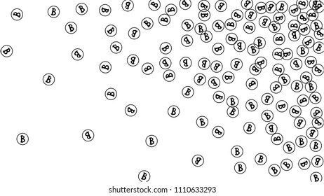 Bitcoin Icon Abstract Background. Randomly Fall Bitcoins. Cryptocurrency Background. Digital Payment money.  Prize or Jackpot Concept.
 Black and White Vector Illustration. Blockchain technology Coin.