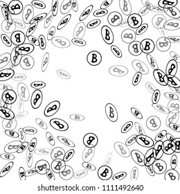 Bitcoin Icon Abstract Background. Randomly Fall Bitcoins. Cryptocurrency Background. Digital Payment money.  Prize or Jackpot Concept. Blockchain technology Coin. Black and White Vector Illustration.