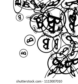 Bitcoin Icon Abstract Background. Randomly Fall Bitcoins. Cryptocurrency Background. Digital Payment money.  Prize or Jackpot Concept.
 Black and White Vector Illustration. Blockchain technology Coin.