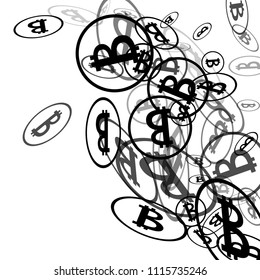 Bitcoin Icon Abstract Background. Randomly Fall Bitcoins. Cryptocurrency Background. Digital Payment money.  Jackpot or Prize Concept.
 Black and White Vector Illustration. Blockchain technology Coin.
