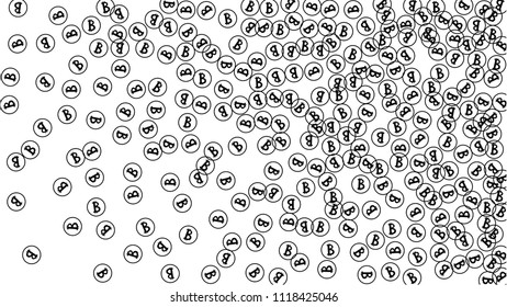 Bitcoin Icon Abstract Background. Randomly Fall Bitcoins. Cryptocurrency Background. Digital Payment money.  Prize or Jackpot Concept.
 Blockchain technology Coin. Black and White Vector Illustration.