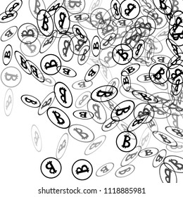 Bitcoin Icon Abstract Background. Randomly Fall Bitcoins. Digital Payment money. Cryptocurrency Background. Prize or Jackpot Concept.
 Blockchain technology Coin. Black and White Vector Illustration.