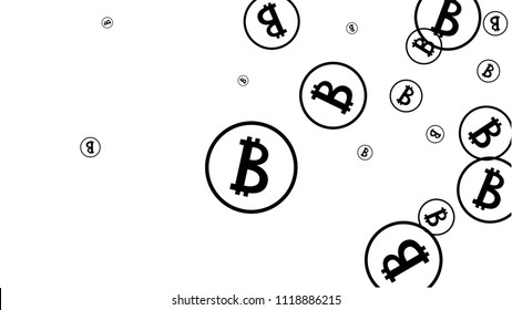 Bitcoin Icon Abstract Background. Randomly Fall Bitcoins. Digital Payment money. Cryptocurrency Background. Jackpot or Prize Concept.
 Black and White Vector Illustration. Blockchain technology Coin.