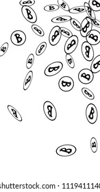 Bitcoin Icon Abstract Background. Randomly Fall Bitcoins. Digital Payment money. Cryptocurrency Background. Prize or Jackpot Concept.
Blockchain technology Coin. Black and White Vector Illustration.