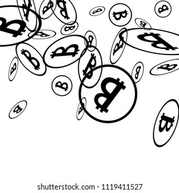 Bitcoin Icon Abstract Background. Randomly Fall Bitcoins. Digital Payment money. Cryptocurrency Background. Jackpot or Prize Concept.
Blockchain technology Coin. Black and White Vector Illustration.
