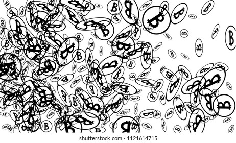 Bitcoin Icon Abstract Background. Randomly Fall Bitcoins. Cryptocurrency Background. Digital Payment money.  Prize or Jackpot Concept.
 Blockchain technology Coin. Black and White Vector Illustration.