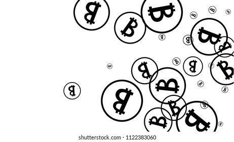 Bitcoin Icon Abstract Background. Randomly Fall Bitcoins. Cryptocurrency Background. Digital Payment money.  Prize or Jackpot Concept.
 Blockchain technology Coin. Black and White Vector Illustration.