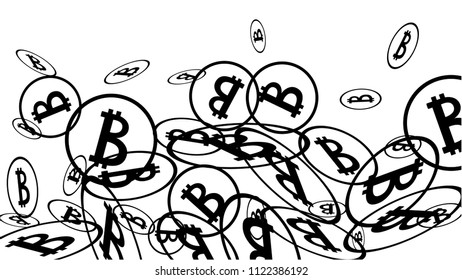 Bitcoin Icon Abstract Background. Randomly Fall Bitcoins. Digital Payment money. Cryptocurrency Background. Prize or Jackpot Concept.
 Blockchain technology Coin. Black and White Vector Illustration.
