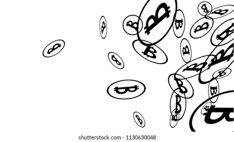 Bitcoin Icon Abstract Background. Randomly Fall Bitcoins. Cryptocurrency Background. Digital Payment money.  Jackpot or Prize Concept.
 Blockchain technology Coin. Black and White Vector Illustration.