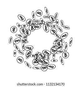 Bitcoin Icon Abstract Background. Randomly Fall Bitcoins. Digital Payment money. Cryptocurrency Background. Jackpot or Prize Concept.
 Blockchain technology Coin. Black and White Vector Illustration.
