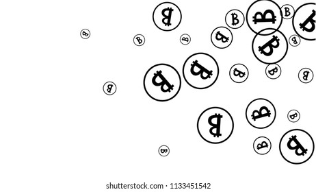 Bitcoin Icon Abstract Background. Randomly Fall Bitcoins. Cryptocurrency Background. Digital Payment money.  Jackpot or Prize Concept.
 Black and White Vector Illustration. Blockchain technology Coin.