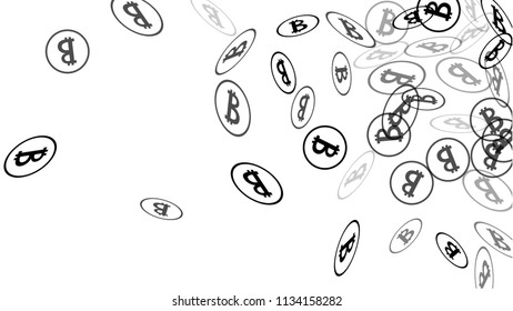 Bitcoin Icon Abstract Background. Randomly Fall Bitcoins. Digital Payment money. Cryptocurrency Background. Jackpot or Prize Concept.
 Blockchain technology Coin. Black and White Vector Illustration.
