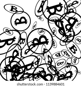 Bitcoin Icon Abstract Background. Randomly Fall Bitcoins. Cryptocurrency Background. Digital Payment money.  Jackpot or Prize Concept.
 Blockchain technology Coin. Black and White Vector Illustration.