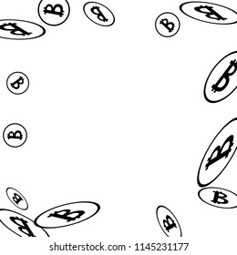 Bitcoin Icon Abstract Background. Randomly Fall Bitcoins. Cryptocurrency Background. Digital Payment money.  Prize or Jackpot Concept.
 Blockchain technology Coin. Black and White Vector Illustration.