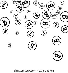 Bitcoin Icon Abstract Background. Randomly Fall Bitcoins. Digital Payment money. Cryptocurrency Background. Jackpot or Prize Concept.
 Black and White Vector Illustration. Blockchain technology Coin.