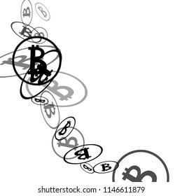 Bitcoin Icon Abstract Background. Randomly Fall Bitcoins. Cryptocurrency Background. Digital Payment money.  Prize or Jackpot Concept.
 Blockchain technology Coin. Black and White Vector Illustration.