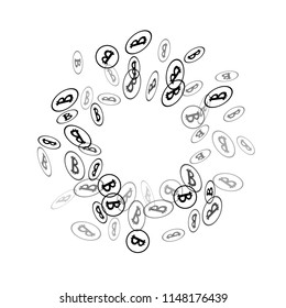 Bitcoin Icon Abstract Background. Randomly Fall Bitcoins. Digital Payment money. Cryptocurrency Background. Prize or Jackpot Concept.
 Blockchain technology Coin. Black and White Vector Illustration.