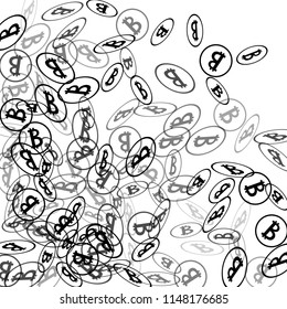 Bitcoin Icon Abstract Background. Randomly Fall Bitcoins. Digital Payment money. Cryptocurrency Background. Prize or Jackpot Concept.
 Blockchain technology Coin. Black and White Vector Illustration.