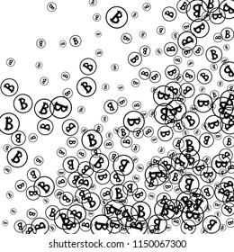 Bitcoin Icon Abstract Background. Randomly Fall Bitcoins. Digital Payment money. Cryptocurrency Background. Prize or Jackpot Concept.
 Black and White Vector Illustration. Blockchain technology Coin.