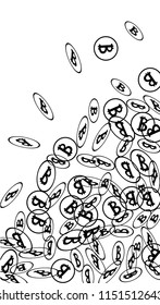 Bitcoin Icon Abstract Background. Randomly Fall Bitcoins. Digital Payment money. Cryptocurrency Background. Jackpot or Prize Concept.
 Blockchain technology Coin. Black and White Vector Illustration.