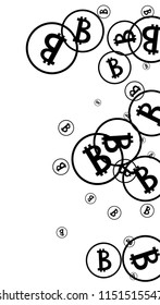 Bitcoin Icon Abstract Background. Randomly Fall Bitcoins. Cryptocurrency Background. Digital Payment money.  Jackpot or Prize Concept.
 Black and White Vector Illustration. Blockchain technology Coin.