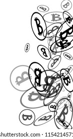 Bitcoin Icon Abstract Background. Randomly Fall Bitcoins. Digital Payment money. Cryptocurrency Background. Prize or Jackpot Concept.
 Black and White Vector Illustration. Blockchain technology Coin.