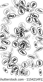 Bitcoin Icon Abstract Background. Randomly Fall Bitcoins. Digital Payment money. Cryptocurrency Background. Jackpot or Prize Concept.
 Blockchain technology Coin. Black and White Vector Illustration.
