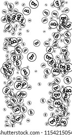 Bitcoin Icon Abstract Background. Randomly Fall Bitcoins. Cryptocurrency Background. Digital Payment money.  Prize or Jackpot Concept.
 Blockchain technology Coin. Black and White Vector Illustration.