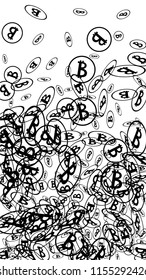 Bitcoin Icon Abstract Background. Randomly Fall Bitcoins. Digital Payment money. Cryptocurrency Background. Jackpot or Prize Concept.
 Blockchain technology Coin. Black and White Vector Illustration.
