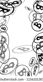 Bitcoin Icon Abstract Background. Randomly Fall Bitcoins. Digital Payment money. Cryptocurrency Background. Prize or Jackpot Concept.
 Black and White Vector Illustration. Blockchain technology Coin.