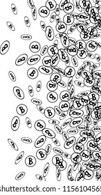 Bitcoin Icon Abstract Background. Randomly Fall Bitcoins. Cryptocurrency Background. Digital Payment money.  Jackpot or Prize Concept.
 Blockchain technology Coin. Black and White Vector Illustration.