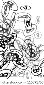 Bitcoin Icon Abstract Background. Randomly Fall Bitcoins. Cryptocurrency Background. Digital Payment money.  Jackpot or Prize Concept.
 Black and White Vector Illustration. Blockchain technology Coin.