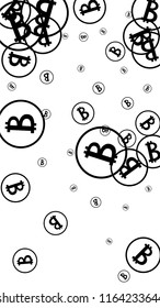 Bitcoin Icon Abstract Background. Randomly Fall Bitcoins. Cryptocurrency Background. Digital Payment money.  Prize or Jackpot Concept.
 Black and White Vector Illustration. Blockchain technology Coin.