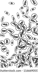 Bitcoin Icon Abstract Background. Randomly Fall Bitcoins. Digital Payment money. Cryptocurrency Background. Prize or Jackpot Concept.
 Black and White Vector Illustration. Blockchain technology Coin.