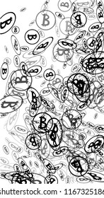Bitcoin Icon Abstract Background. Randomly Fall Bitcoins. Digital Payment money. Cryptocurrency Background. Prize or Jackpot Concept.
 Blockchain technology Coin. Black and White Vector Illustration.