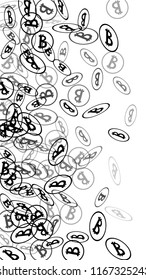Bitcoin Icon Abstract Background. Randomly Fall Bitcoins. Digital Payment money. Cryptocurrency Background. Prize or Jackpot Concept.
 Black and White Vector Illustration. Blockchain technology Coin.